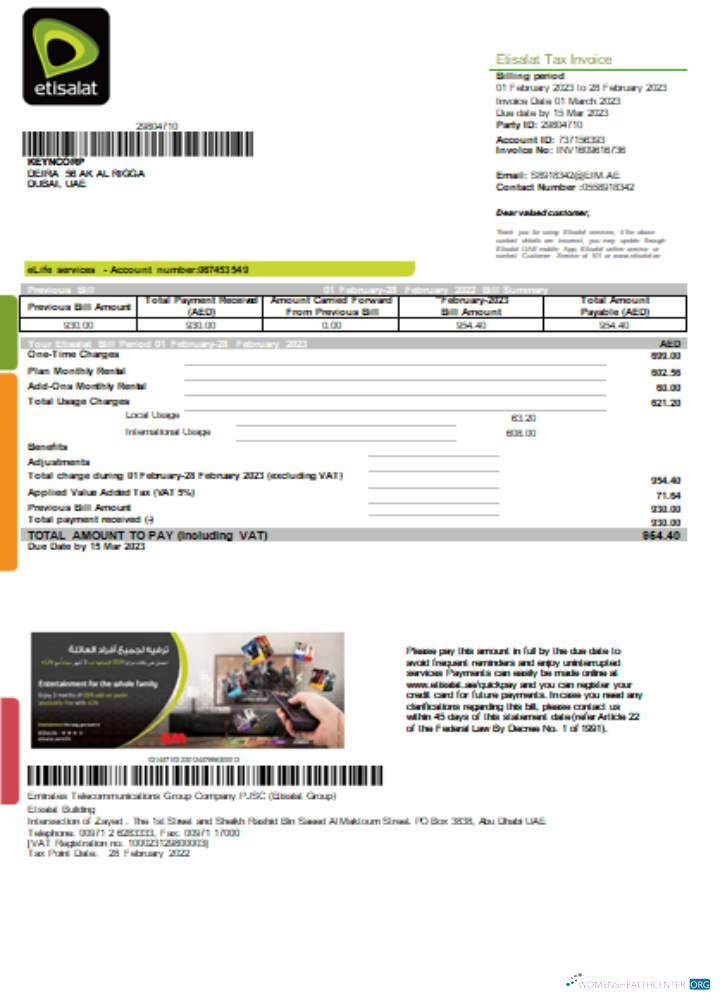 Download Etisalat utility business bill, SCR Photoshop template